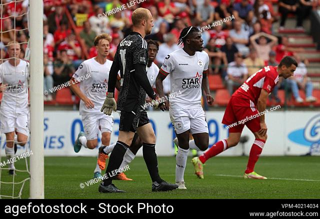 OHL's Nachon Nsingi celebrates after scoring during a soccer match between Standard de Liege and Oud-Heverlee Leuven, Sunday 21 August 2022 in Liege