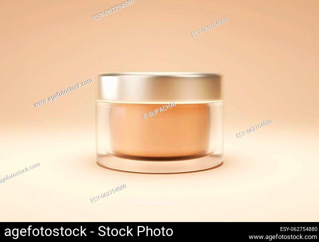 Empty packaging clear cosmetic cream jar isolated on golden background with cut path ready for product design. 3d render
