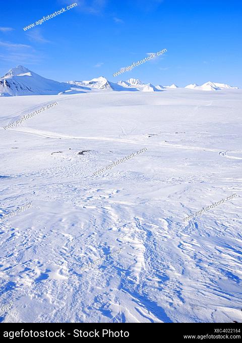 Glacier Fridtjovbreen. Landscape in Van Mijenfjorden National Park, (former Nordenskioeld NP), Island of Spitsbergen, part of Svalbard archipelago