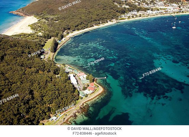 Aerial view of Tomaree Head and Shoal Bay, at entrance to Port Stephens,  New South Wales, Australia