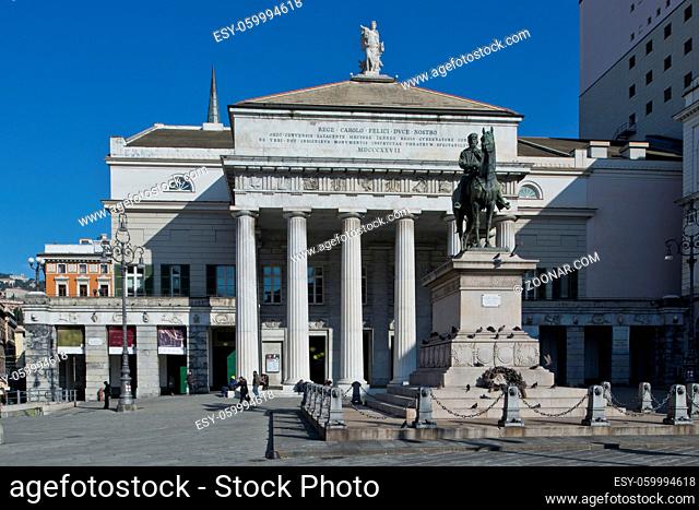 Theatre Carlo Felice and Garibaldi statue, facing on de Ferrari square in the center of Genoa, Italy