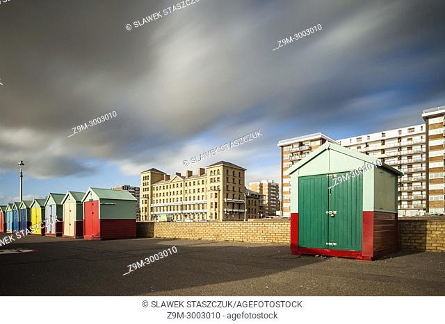 Beach huts on the seafront of Brighton and Hove, England
