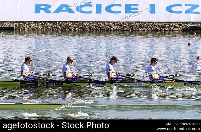 Harry Leask, George Bourne, Matthew Haywood, Thomas Barras of United Kingdom compete in the Men's Quadruple Sculls Final during Day 7 of the 2022 World Rowing...