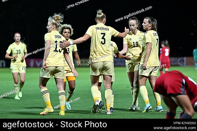 Belgium's players celebrate after scoring during the match between Belgium's national women's soccer team the Red Flames and Armenia, in Yerevan, Armenia