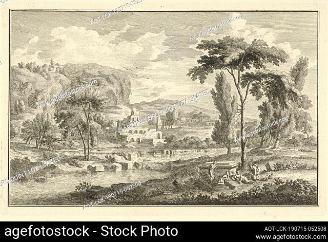 Arcadian river landscape with four figures on the bank Italian and German landscapes (series title), Arcadian landscape with river