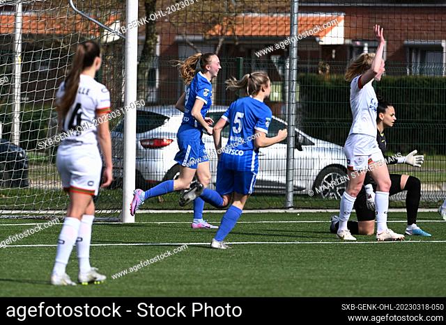 Lisa Petry (9) of Genk pictured celebrating after scoring the 2-0 goal during a female soccer game between Racing Genk Ladies and Oud Heverlee Leuven on the 1st...