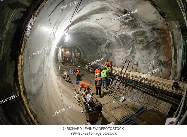 140 feet below Grand Central Terminal in New York work on the Metropolitan Transportation Authority's East Side Access project progresses, seen on Wednesday