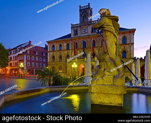 Market with town hall and Neptune fountain, Weimar, Thuringia, Germany