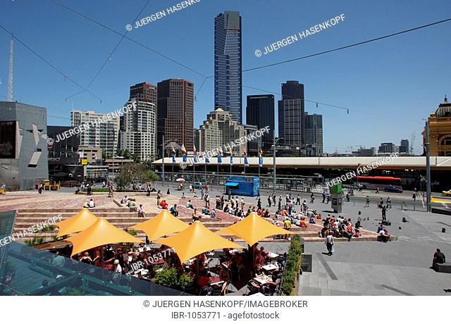 View of Southgate Complex and Eureka Tower across Federation Square, Melbourne, Victoria, Australia