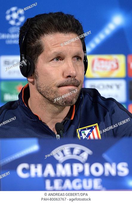 Atletico Madrid's coach Diego Simeone during a press conference at Allianz arena in Munich, Germany, 2 May 2016. Atletico meets Bayern Munich in the Champions...