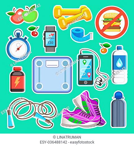 Sport icons or fitness kit elements. Sport concept, vector illustration