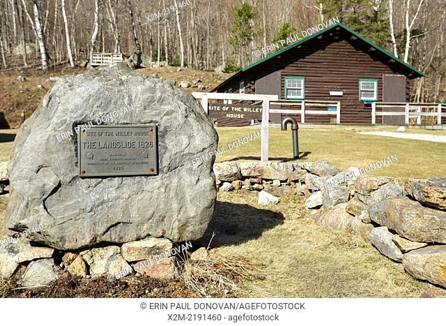 The landslide of 1826 plaque at the site of the Willey House in Crawford Notch State Park of the White Mountains, New Hampshire USA