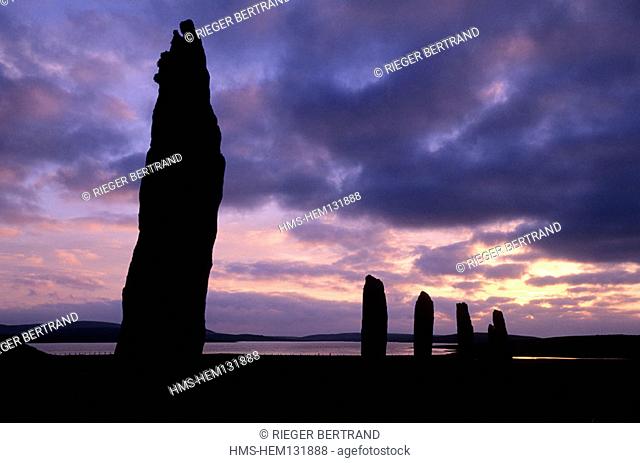United Kingdom, Scotland, Orkney Islands, Mainland, beside the Loch of Stenness, standing stones from the Ring of Brogar
