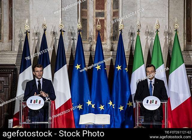 French President Emmanuel Macron (L), Italian Prime Minister Mario Draghi (R) during the press conference after the Signing of the Quirinal Treaty between Italy...