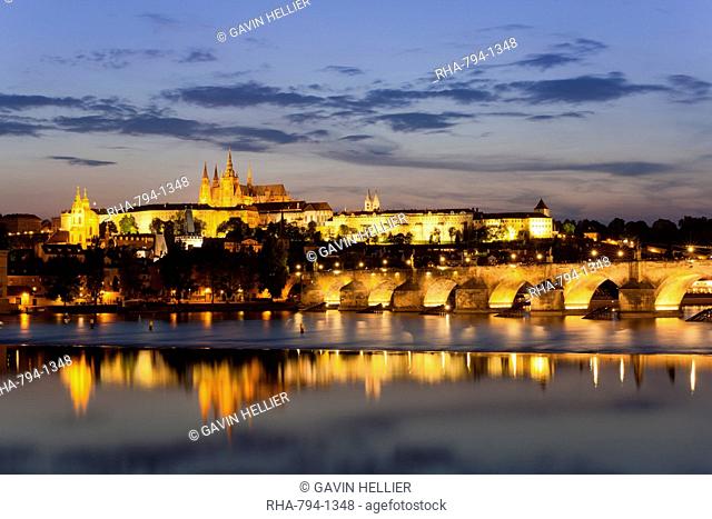 St. Vitus Cathedral, Charles Bridge and the Castle District illuminated at night, UNESCO World Heritage Site, Prague, Czech Republic, Europe