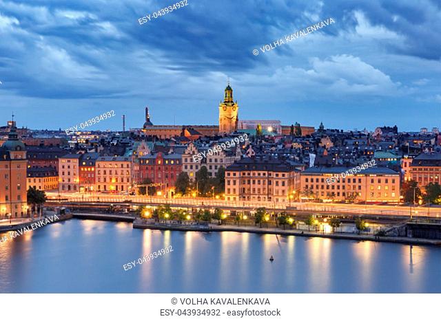 Scenic aerial view of Gamla Stan with Stockholm Cathedral, in the Old Town in Stockholm at night, capital of Sweden