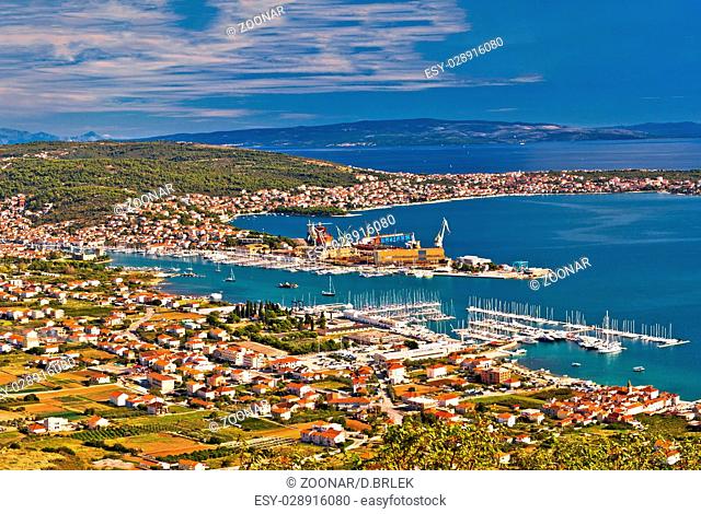 Trogir shipyard and Ciovo island aerial view