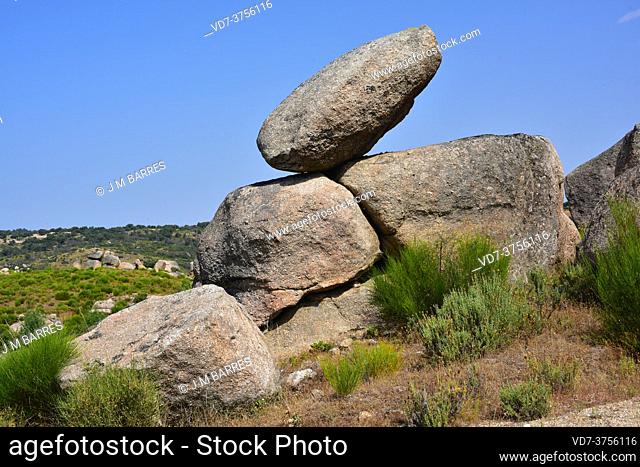 Spheroidal wewthering or onion skin weathering in granite. Balancing rock. Arribes del Duero Natural Park, Zamora province, Castilla y Leon, Spain