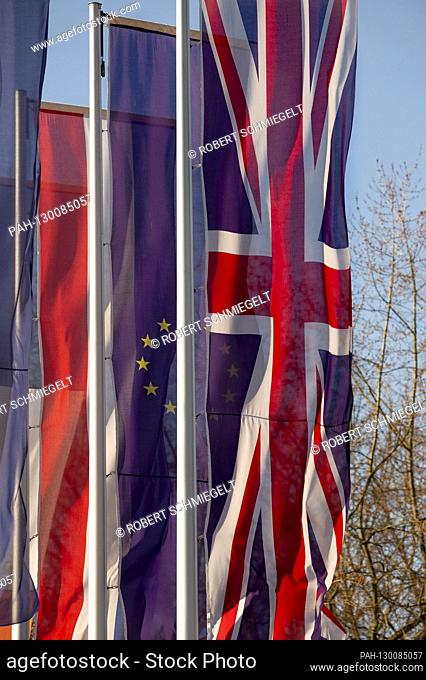 Flags of Europe and United Kingdom at Europa Park. Rust, February 20, 2020 | usage worldwide. - Rust/Baden-Würtemberg/Deutschland