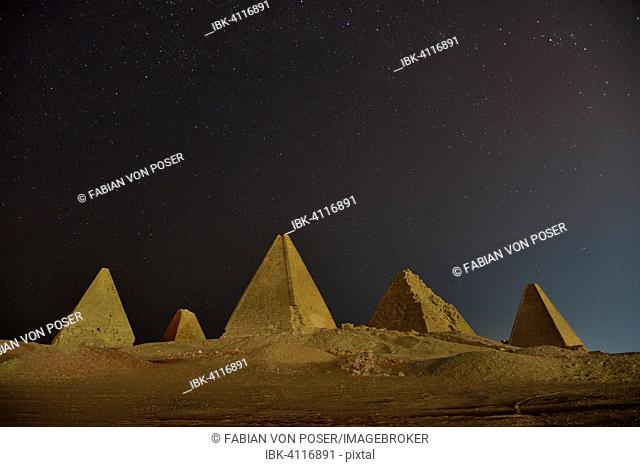 Meroitic pyramids of the northern group in the moonlight, Gebel Barkal, Karima, Northern State, Nubia, Sudan