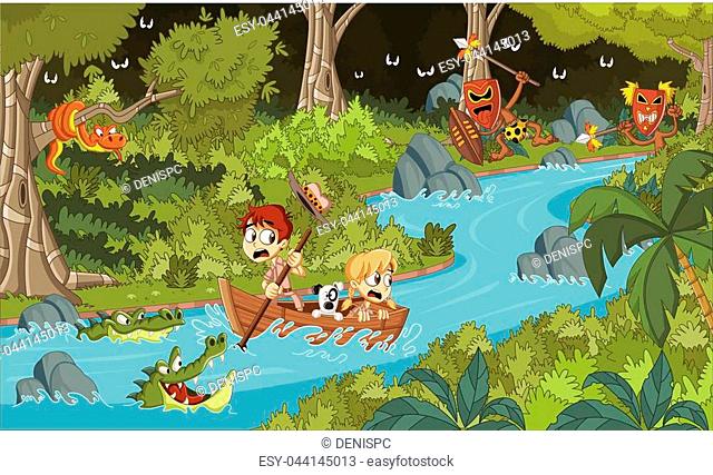 Wild forest with cartoon children on a boat. Adventure on dangerous jungle,  Stock Vector, Vector And Low Budget Royalty Free Image. Pic. ESY-044145013  | agefotostock