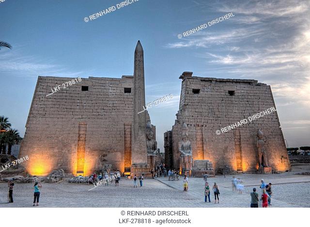 Illuminated Entrance of Luxor Temple with Ramesses II Statue and Obelisk, Luxor, Egypt