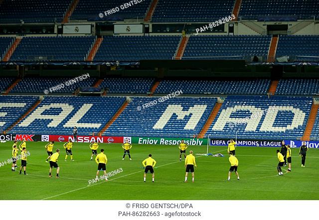 Dortmund players warm up during a training session prior to the UEFA Champions League group phase soccer match between Real Madrid and Borussia Dortmund in...