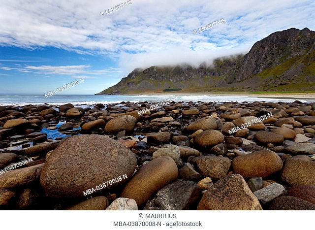 Unstad, beach, stones, sand, mountains, Vestvagoya, Lofoten, Norway