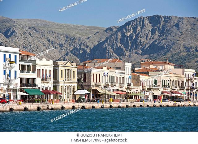 Greece, Chios Island, Chios city, the docks of the harbour lined with bars and restaurants