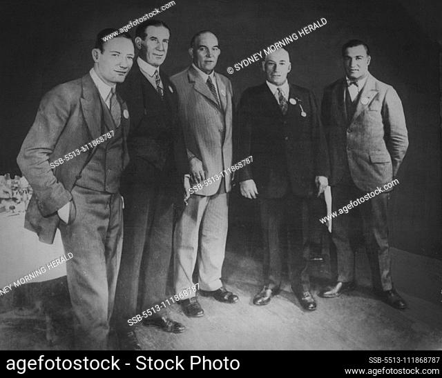 This old photograph shows some of the great champions of the past. They are, from left to right: Maxie Rosenbloom, Jim Corbett, Jim Jefferies