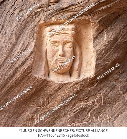 The portrait of Prince Faisal of Hussein is carved in a rock in the Wadi Rum desert. Here the later Jordanian ruler and the British Lawrence of Arabia are said...