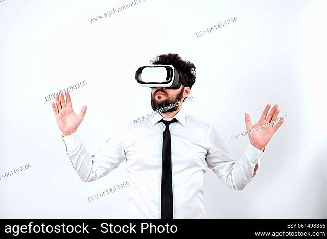 Man Wearing Vr Glasses Andpresenting Important Messages Between Hands