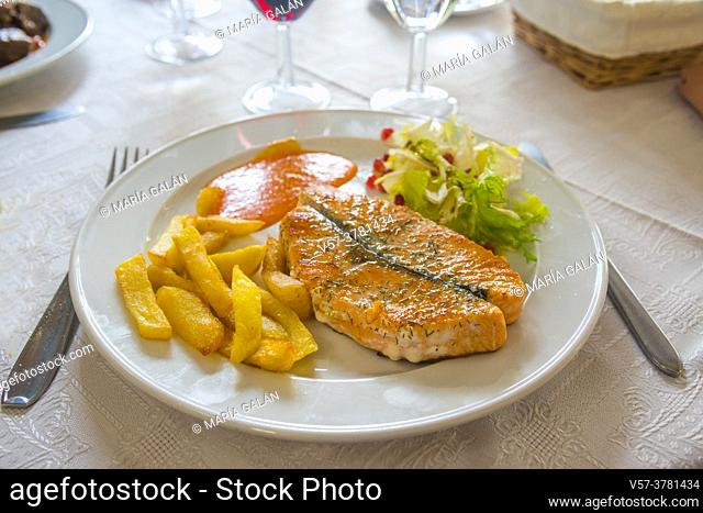 Grilled salmon loin with fried potatoes and salad