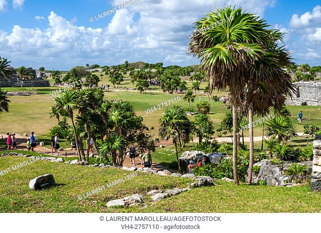 View of Mayan ruins of Tulum from the Entrance, State of Quintana Roo, Yucatan Peninsula, Mexico, North America