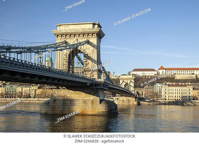 Morning at Chain Bridge across the Danube in Budapest, Hungary