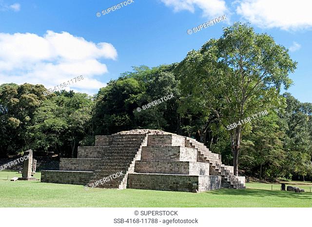 Honduras, Copan Ruins, Mayan Archaelogical Site, Great Plaza With Mayan Pyramid