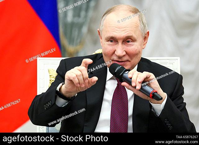 RUSSIA, MOSCOW - DECEMBER 18, 2023: Russia's President Vladimir Putin speaks during a meeting with winners and mentors of the Professionals national...