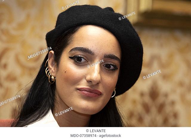 Italian singer Levante during the press conference at Palazzo Marino in Milan for the presentation of the Music Week program in the presence of the mayor Beppe...