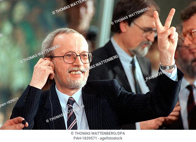 Lothar de Maiziere, chairman of GDR's Christian Democrats (CDU), celebrates winning the elections in the GDR, 18 March 1990