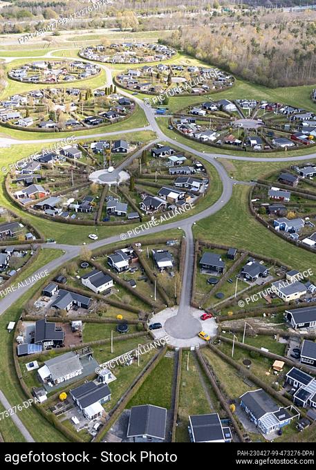 27 April 2023, Denmark, Brondby: From the air, the Danish garden city of Brondby Haveby near Copenhagen looks like the setting from a sci-fi movie