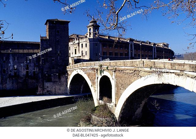 Pons Fabricius (Fabricius' bridge), 62 BC, which connects Tiber island to Lungotevere, with Caetani tower on the left, 11th century