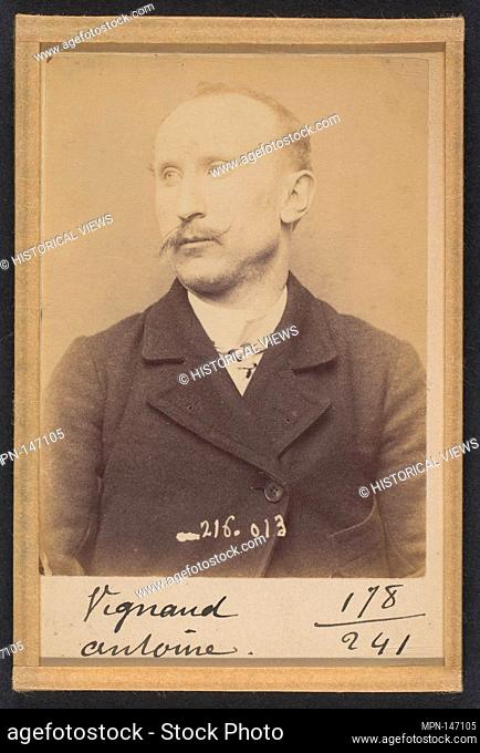 Vignaud. Antoine. 32 ans, né à Cussey (Allier). Cordonnier. Vol anarchiste. 21/3/94. Artist: Alphonse Bertillon (French, 1853-1914); Date: 1894; Medium: Albumen...