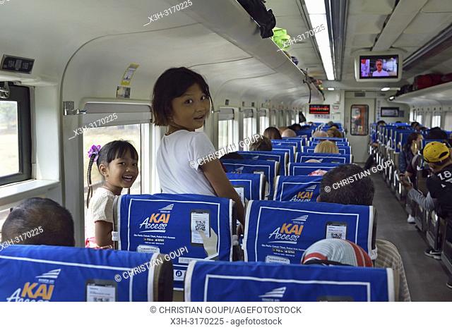 railway carriage of Economy Class Kaligung Train, from Pekalongan to Semarang, Java island, Indonesia, Southeast Asia