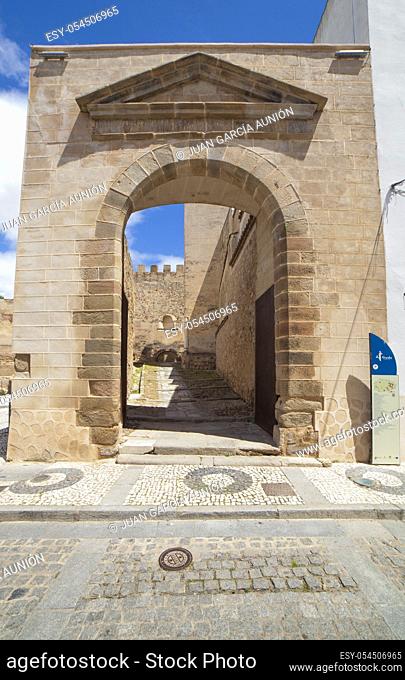 Capital Gate at Badajoz Alcazaba, Extremadura, Spain. San Jose Square exit