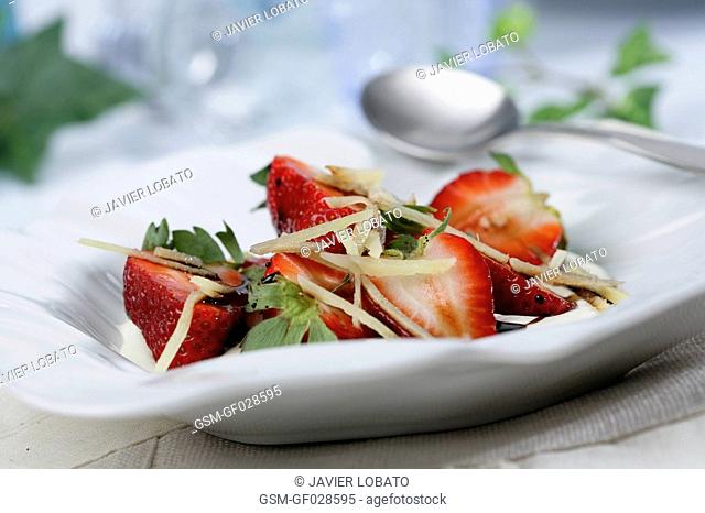 Large strawberries with vinegar syrup and ginger