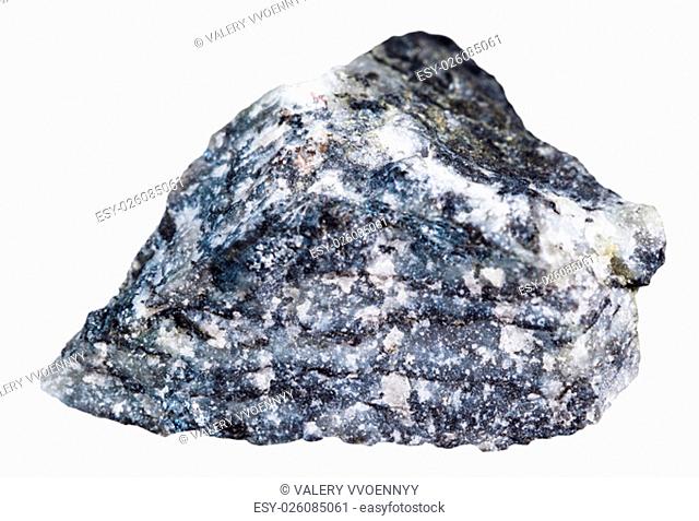 macro shooting of specimen natural rock - pebble of stibnite (antimonite) mineral stone isolated on white background