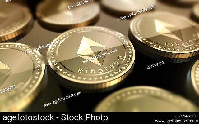 Glossy Ethereum in blurred closeup. Crypto-currency finance and banking as concept