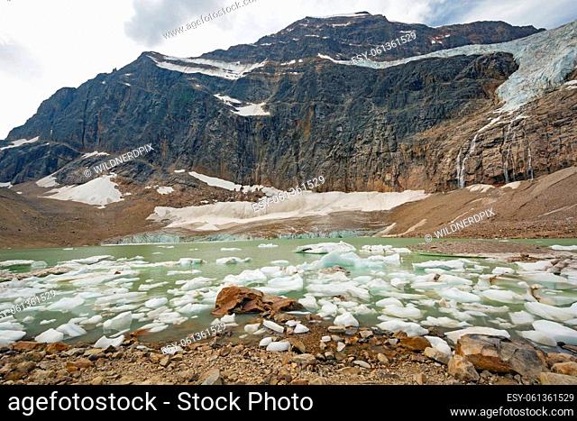 Glacial Remnants in the High Mountains at Mount Edith Cavell in Jasper National Park in Canada