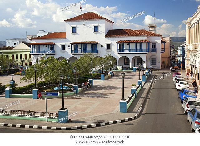 View to the Town hall building-Ayuntamiento at Parque Cespedes in the historic center, Santiago de Cuba, Cuba , Central America