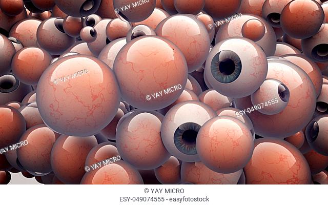 A healthcare 3d rendering of artificial out eyes sticking and flying together. They are of various shapes. They signify the high level of modern medicine